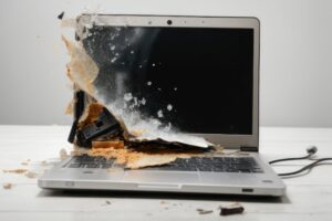 Behold the poignant spectacle of a broken laptop, its once seamless facade now fractured into a myriad of pieces. This detailed photograph captures the aftermath of a digital catastrophe, each shard telling a story of technological demise. The image serves as a powerful metaphor for the delicate balance between innovation and vulnerability in our modern world. Immerse yourself in the intricate details of this fractured masterpiece, a visual representation of the inevitable challenges faced by our digital companions.